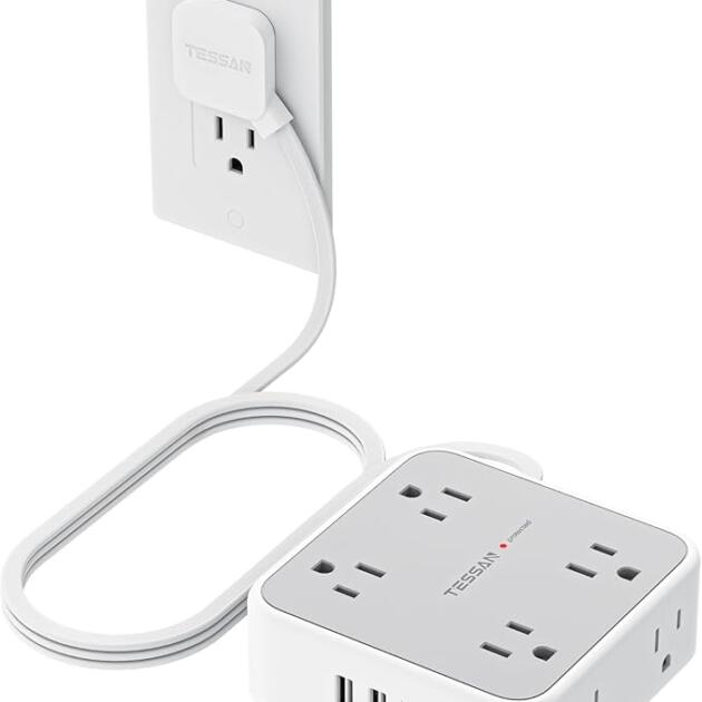 TESSAN Surge Protector Power Strip, 5 Ft Flat Plug Extension Cord with 3 USB (1 USB C) 8 Outlets, 1250W, 900J Protection, 3 Sided Outlet Extender with Power Switch for Office, Dorm Room Essentials