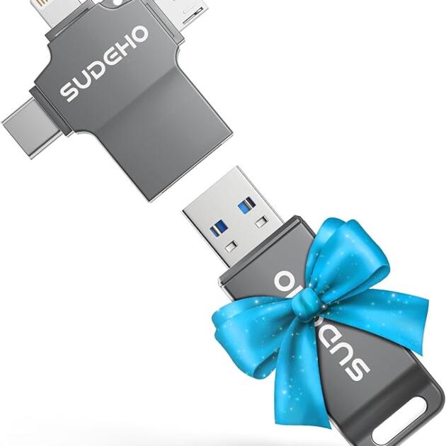 MFi Certified Photo Stick 128GB USB Flash Drive for iPhone, 4 in 1 External Memory Thumb Drive for Picture Video Data Backup, High Speed Memory Stick USB Drive for iPhone/iPad/Android/PC (Gun Black)