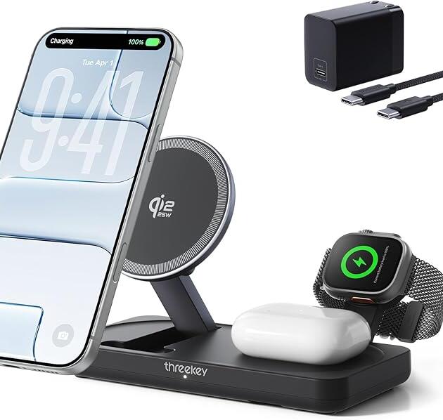 MFi Certified by Apple, THREEKEY 3-in-1 Charging Station, Qi2 25W Fast MagSafe Charger, Wireless Charger Stand for iPhone 12-17 Series, Apple Watch & AirPods, Pixel 10 Pro XL(45W Adapter Included)