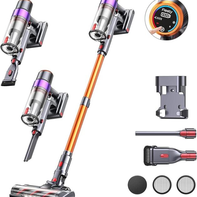 Fieety Cordless Vacuum Cleaner, 550W 45KPA 60Mins Cordless Stick Vacuum Cleaner with Rechargeable Battery, LED Touch Display, Handheld Vacuum Cleaners for Home/Pet Hair/Carpets/Floors