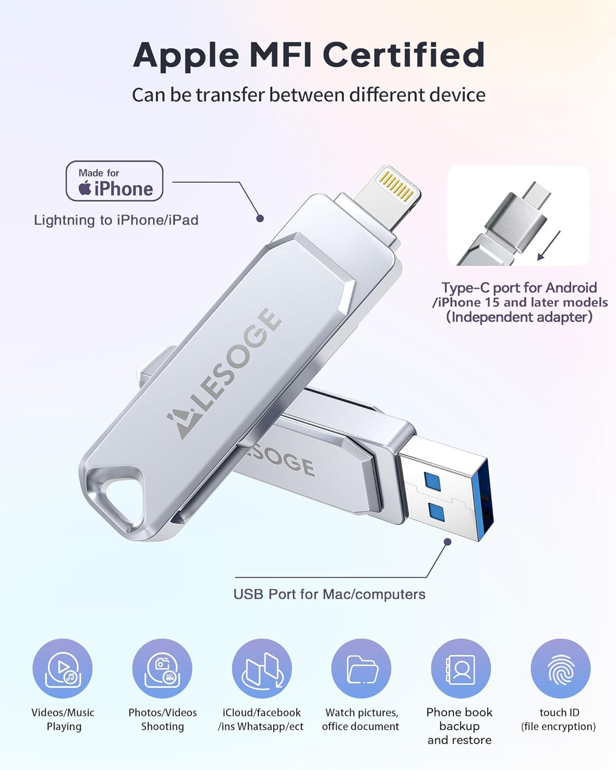 MFi Certified 128GB Flash Drive for iPhone Photo Stick USB Memory Stick Thumb Drives, High Speed USB Stick External Storage for iPhone/iPad/Android/PC - Image 2