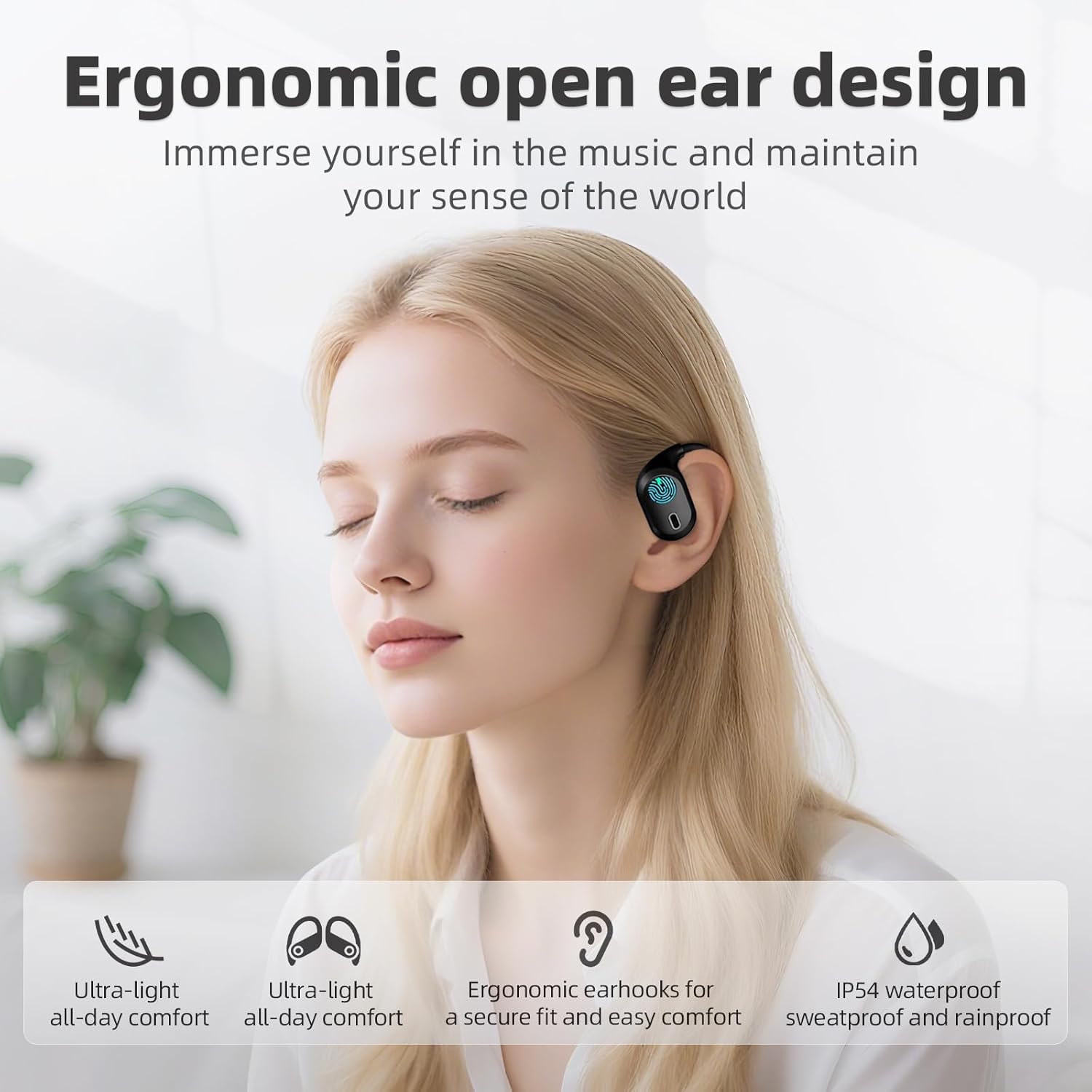 Open Ear Headphones, Bluetooth 5.4 Wireless Earbuds, 40H Playback, with LED Dgital Display, IP54 Waterproof Sports Headphones for Running, Cycling and Gym (Black) - Image 2