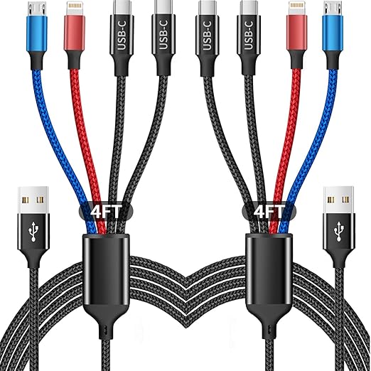 Multi Charging Cable(2Pack 4FT), 4 in 1 Charger Cable Nylon Braided Multiple USB Cable Universal Phone Charging Cord with Type-C, Micro USB, IP Port for iPhone16/15 Series/Cell Phones and More