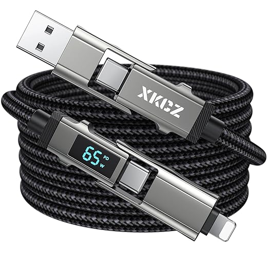 4 in 1 USB C Cable with Wattage Display, 65W Round Nylon Braided Multi Charging Cable with Data Sync, USB C Charging Cord Combo Type C/USB A/iPhone Port for iPhone/iPad/Samsung/Laptop, 3FT