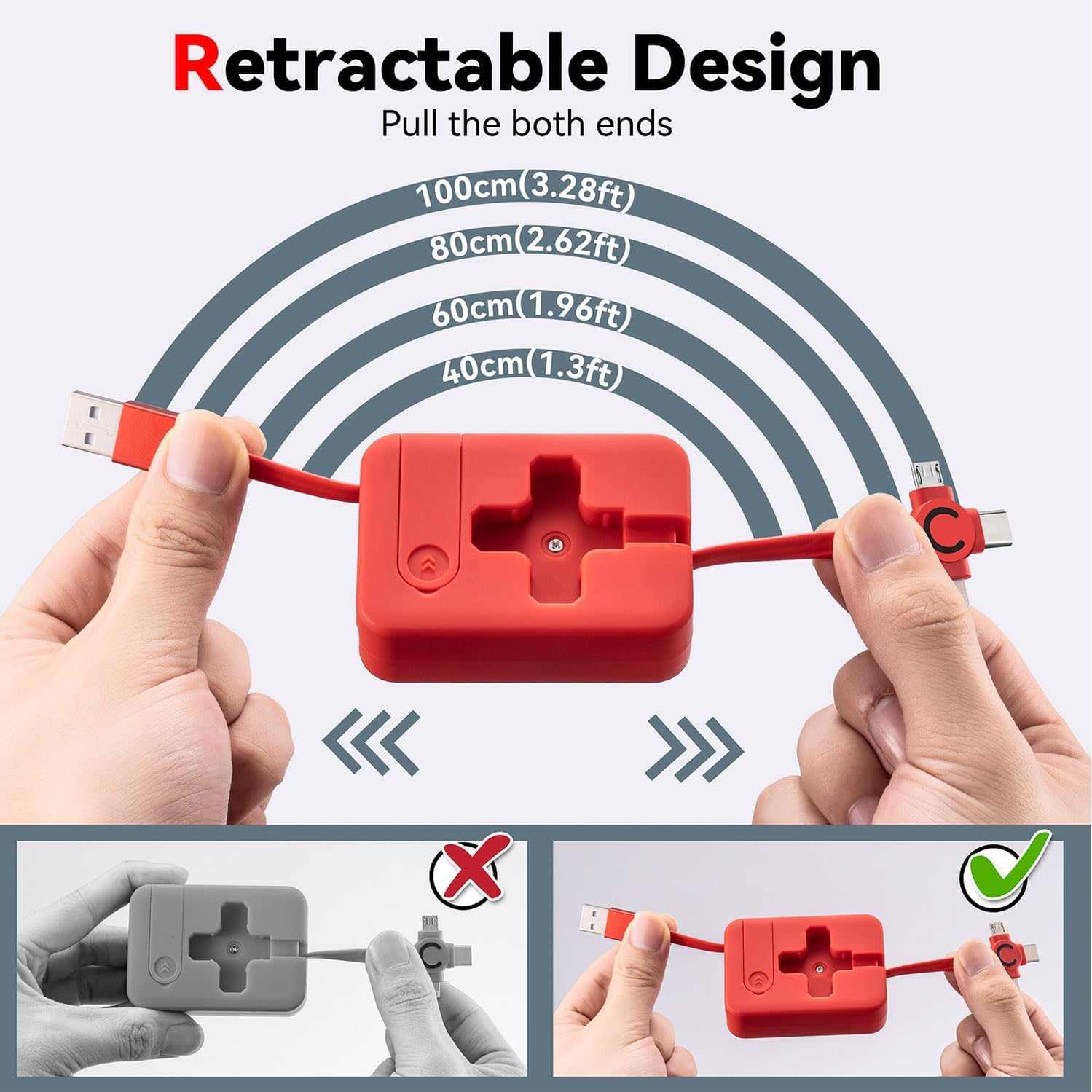 3 in 1 Multiple Charger Cable 3A, 2Pack 3 in 1 Retractable Multi Charging Cable with IP/USB-C/Micro Ports, Phone Holder, Multiple Fast Charging Cord for Cell Phones, iPhone, Samsung, Tablets - Image 5