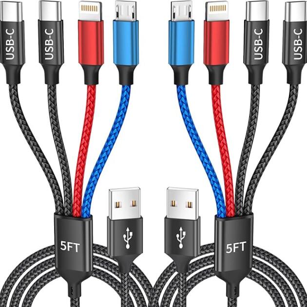 Dual Type-C 4 in 1 Multi Charging Cable for Multiple Devices with 2 USB-C/Lightning/Micro Port, USB Cable iPhone Charger Cord, Travel Charger for iPhone17-8, Android iPad, Stocking Stuffers - 2Pcs 5FT