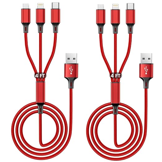 Multi Charging Cable(2Pack 4FT), 3 in 1 Charger Cable Nylon Braided Multiple USB Cable Universal Phone Charging Cord with Type-C, Micro USB, IP Port for iPhone16/15 Series/Cell Phones and More(Red)