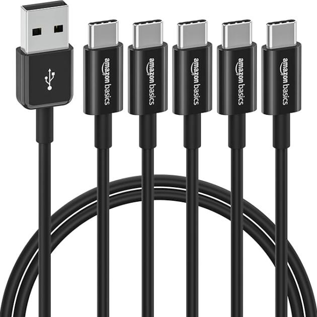 Amazon Basics 5-Pack USB-C to USB-A 2.0 Fast Charger Cable, 480Mbps Speed, USB-IF Certified, for Apple iPhone 16/15, iPad, Samsung Galaxy, Tablets, Laptops, 3 foot, Black
