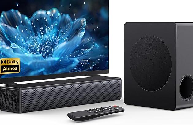 Sound bar with subwoofer, 200W 2.1 ch soundbar w/Dolby Atmos Surround Sound System, 3D Bass Adjustable Home Theater Bluetooth TV Speaker for Smart TV/Projector/PC