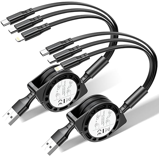 Retractable Multi Charging Cable - 3A [2Pack 3ft] 3 in 1 Fast Charger Cord with Lightning/Type C/Micro USB Ports, Retractable Car Charger for iPhone, iPad, Samsung, Tablets More(Charging Only)
